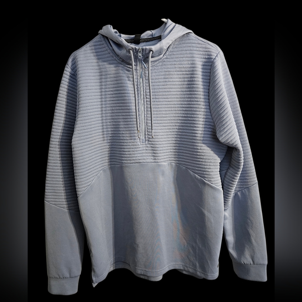 Apana Men's Ribbed Quarter-Zip Hoodie, Medium, Blue/gray Color.